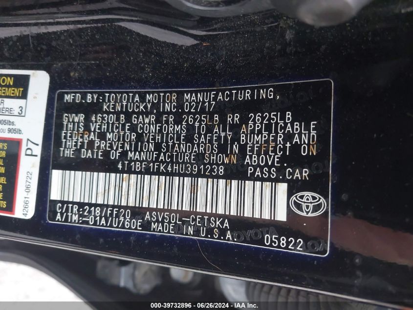 4T1BF1FK4HU391238 2017 Toyota Camry Se