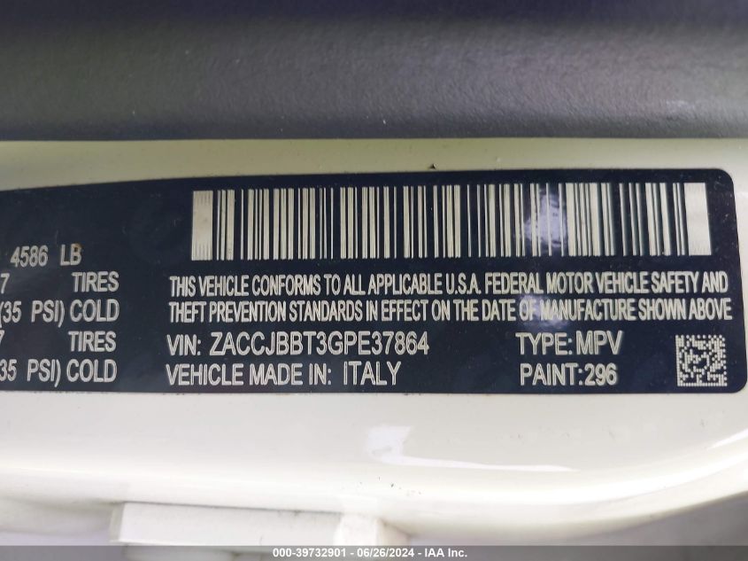 2016 Jeep Renegade Latitude VIN: ZACCJBBT3GPE37864 Lot: 39732901