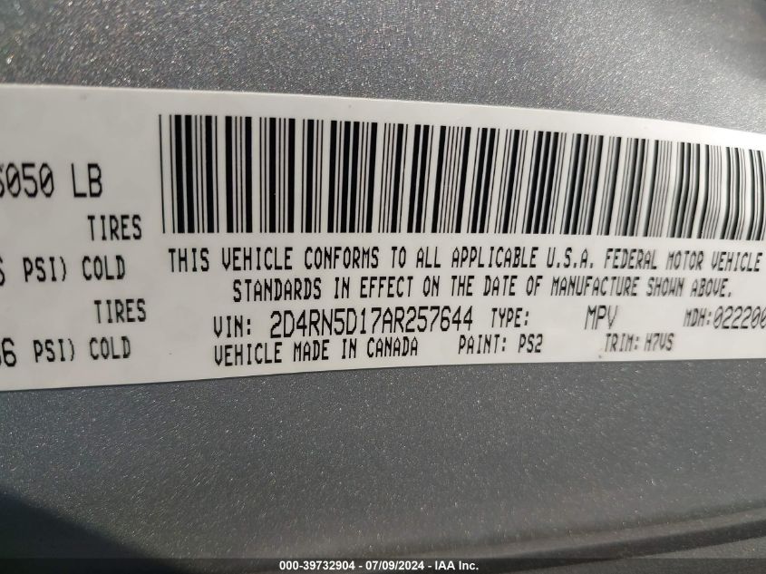 2010 Dodge Grand Caravan Sxt VIN: 2D4RN5D17AR257644 Lot: 39732904