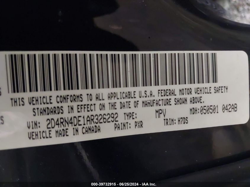 2010 Dodge Grand Caravan Se VIN: 2D4RN4DE1AR326292 Lot: 39732915