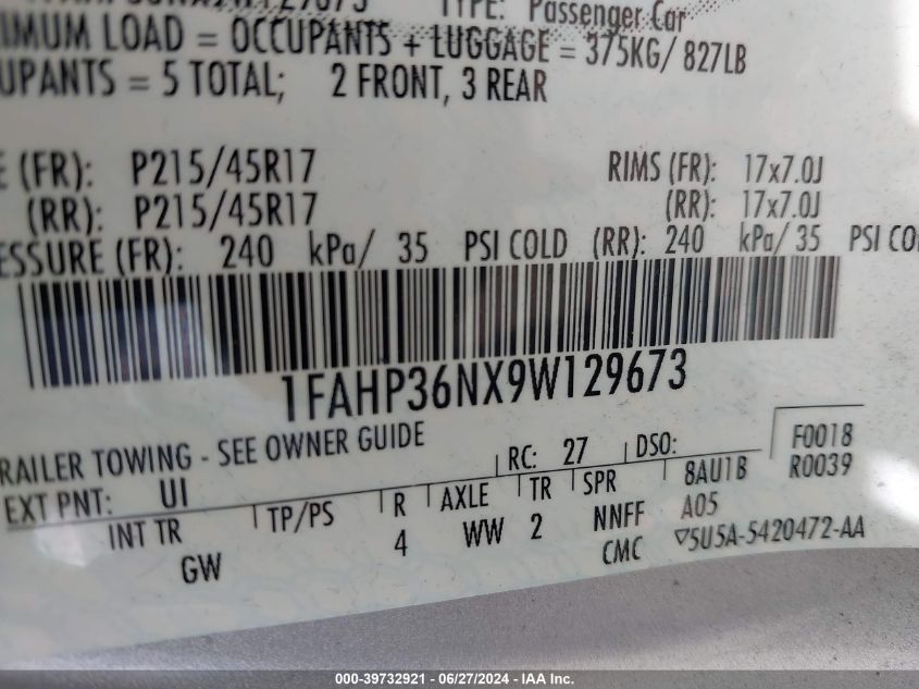 2009 Ford Focus Ses VIN: 1FAHP36NX9W129673 Lot: 39732921