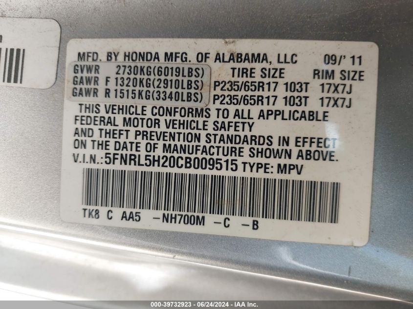 2012 Honda Odyssey Lx VIN: 5FNRL5H20CB009515 Lot: 39732923
