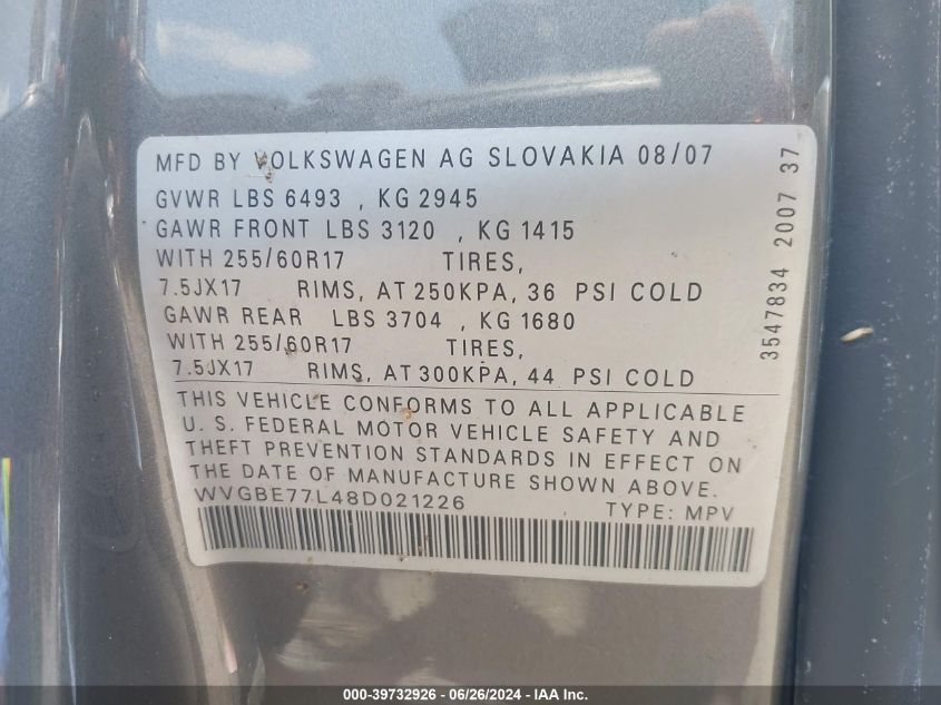 2008 Volkswagen Touareg 2 Vr6 Fsi VIN: WVGBE77L48D021226 Lot: 39732926