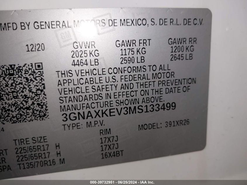 2021 Chevrolet Equinox Lt VIN: 03GNAXKEV3MS13499 Lot: 39732951