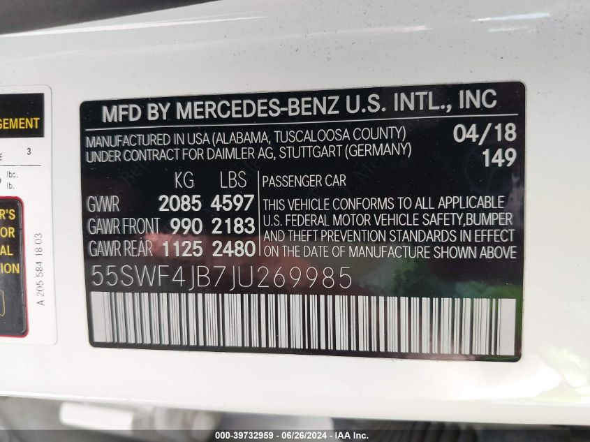 2018 Mercedes-Benz C 300 VIN: 55SWF4JB7JU269985 Lot: 39732959