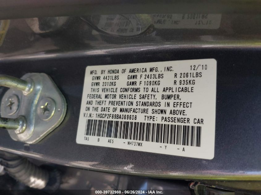 2011 Honda Accord 2.4 Ex-L VIN: 1HGCP2F89BA069608 Lot: 39732988