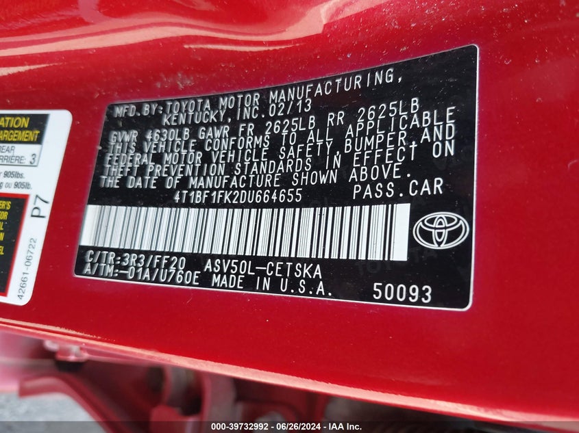 2013 Toyota Camry L/Se/Le/Xle VIN: 4T1BF1FK2DU664655 Lot: 39732992