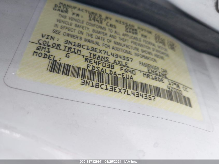 2007 Nissan Versa 1.8S VIN: 3N1BC13EX7L434357 Lot: 39732997