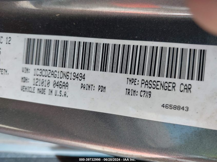 2013 Dodge Avenger Se V6 VIN: 1C3CDZAG1DN619494 Lot: 39732998