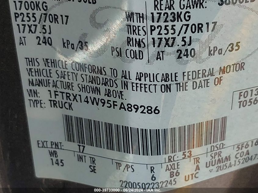 2005 Ford F-150 Stx/Xl/Xlt VIN: 1FTRX14W95FA89286 Lot: 39733000