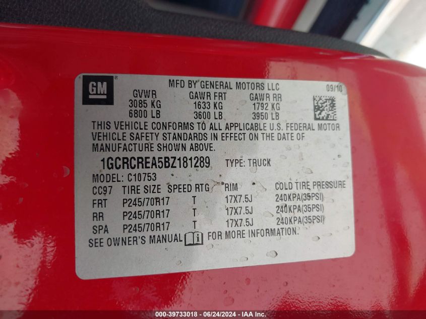 2011 Chevrolet Silverado 1500 Ls VIN: 1GCRCREA5BZ181289 Lot: 39733018