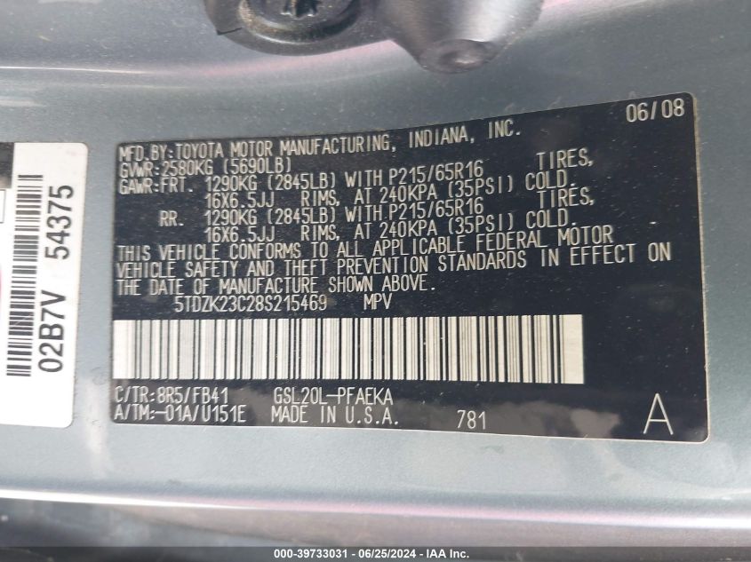 5TDZK23C285215469 2008 Toyota Sienna Ce/Le