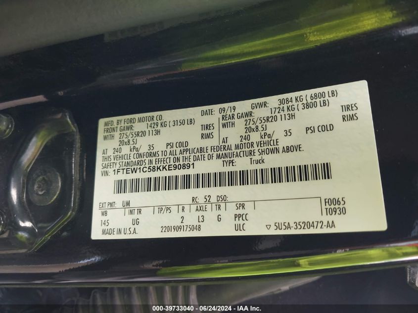 2019 Ford F-150 Xlt VIN: 1FTEW1C58KKE90891 Lot: 39733040