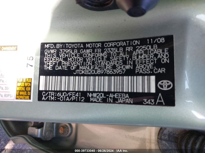 2009 Toyota Prius VIN: JTDKB20U897863957 Lot: 39733045