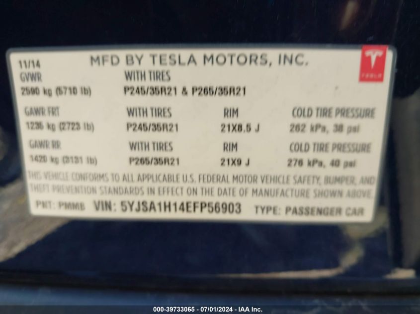 2014 Tesla Model S P85 VIN: 5YJSA1H14EFP56903 Lot: 39733065