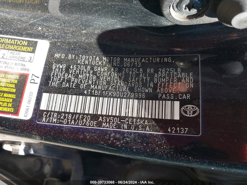 2013 Toyota Camry Se VIN: 4T1BF1FK9DU279996 Lot: 39733068