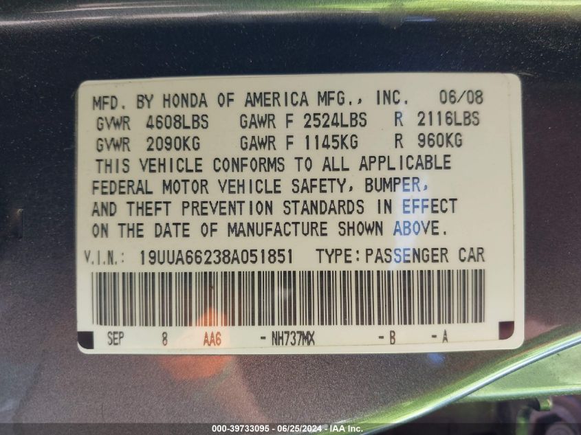 2008 Acura Tl VIN: 19UUA66238A051851 Lot: 39733095