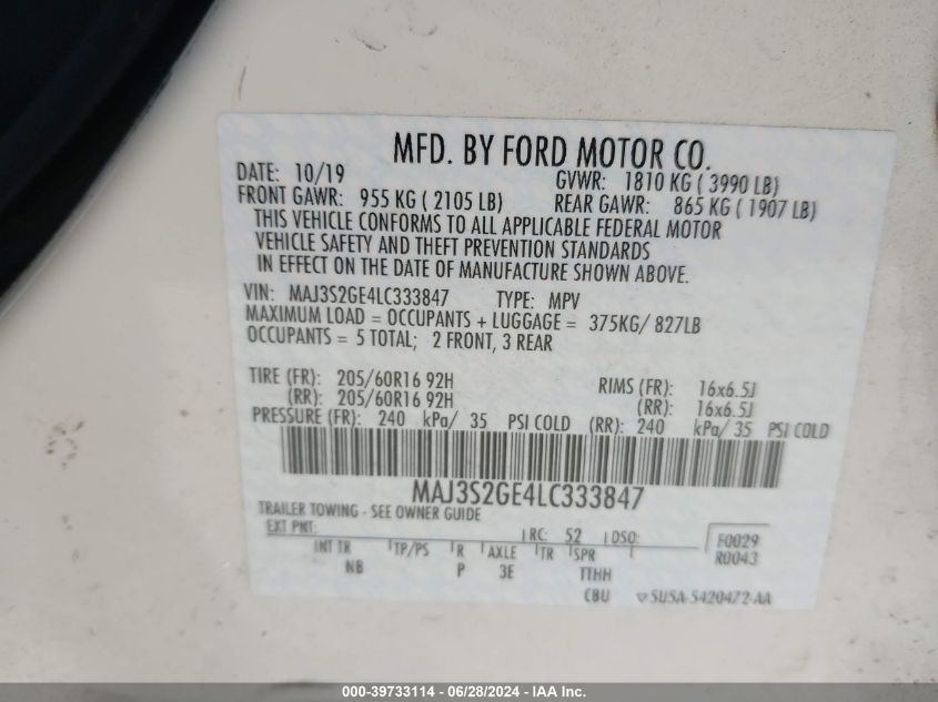 2020 Ford Ecosport Se VIN: MAJ3S2GE4LC333847 Lot: 39733114