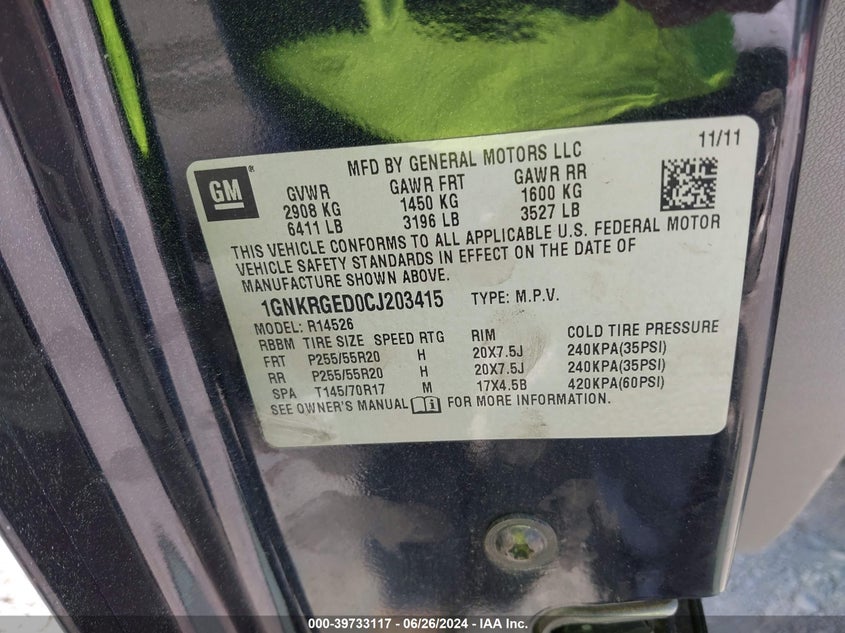 2012 Chevrolet Traverse 1Lt VIN: 1GNKRGED0CJ203415 Lot: 39733117