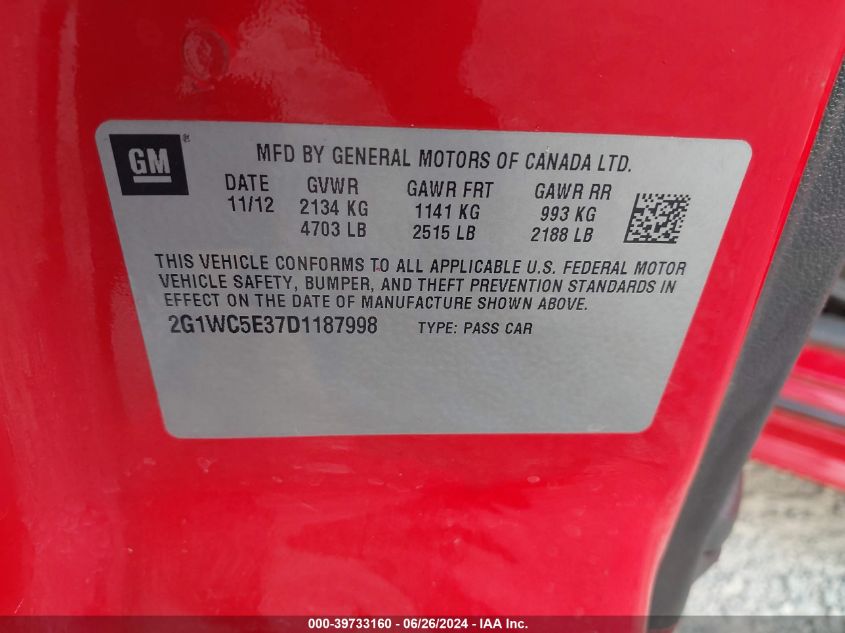 2013 Chevrolet Impala Ltz VIN: 2G1WC5E37D1187998 Lot: 39733160