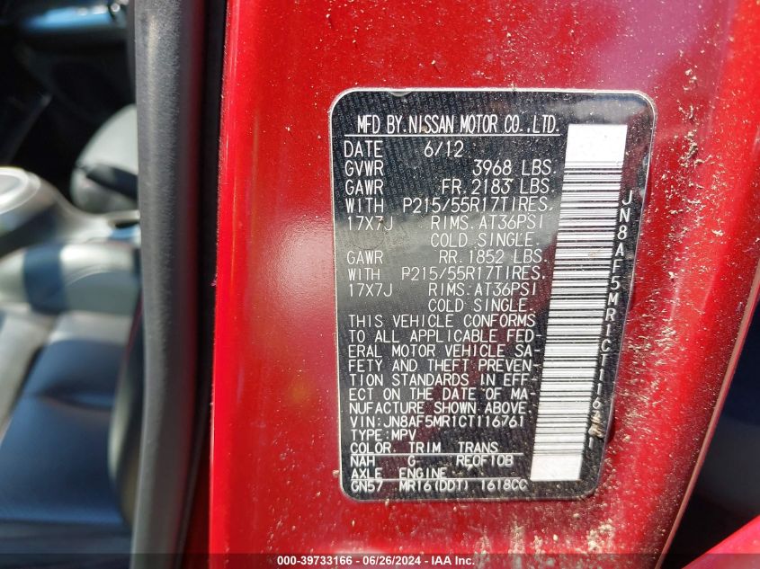 2012 Nissan Juke S/Sv/Sl VIN: JN8AF5MR1CT116761 Lot: 39733166