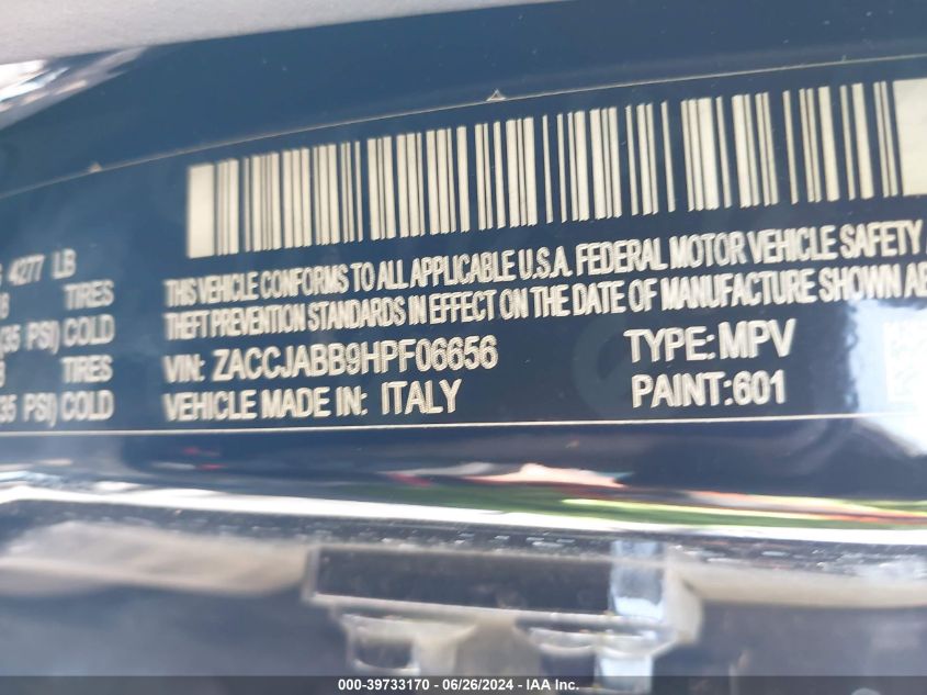 2017 Jeep Renegade Altitude Fwd VIN: ZACCJABB9HPF06656 Lot: 39733170