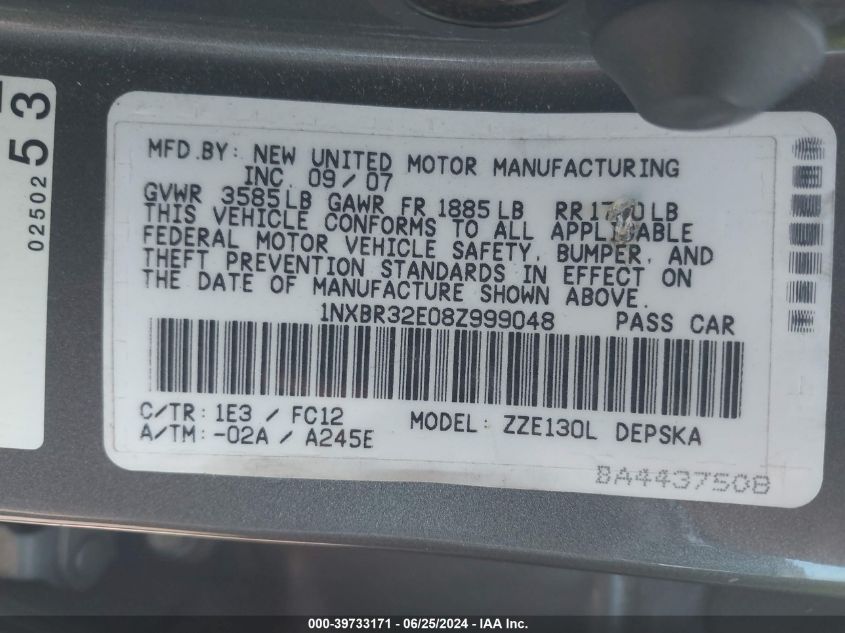 2008 Toyota Corolla S VIN: 1NXBR32E08Z999048 Lot: 39733171