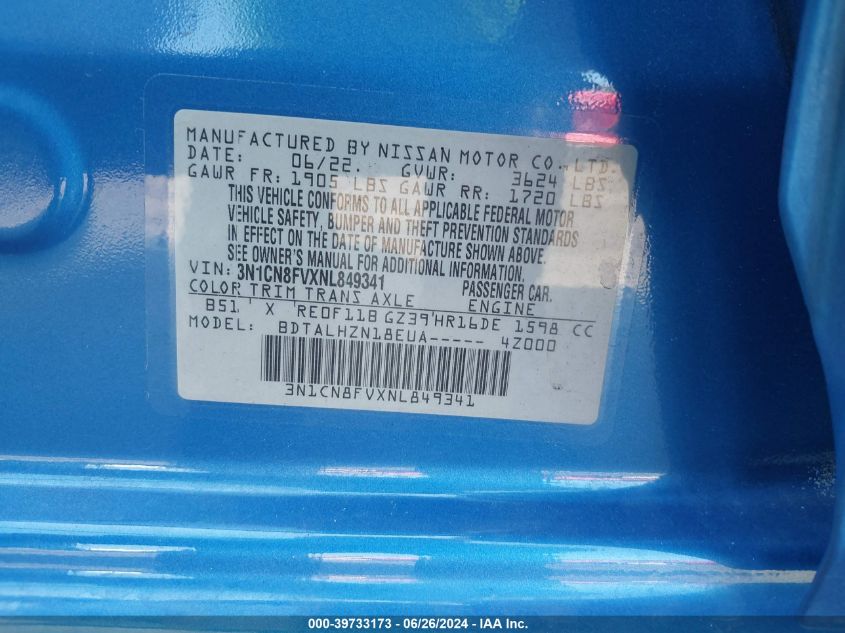 2022 Nissan Versa Sr VIN: 3N1CN8FVXNL849341 Lot: 39733173