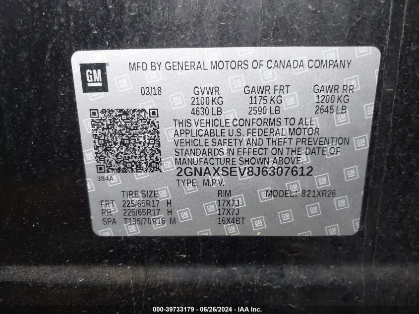 2018 Chevrolet Equinox Lt VIN: 2GNAXSEV8J6307612 Lot: 39733179