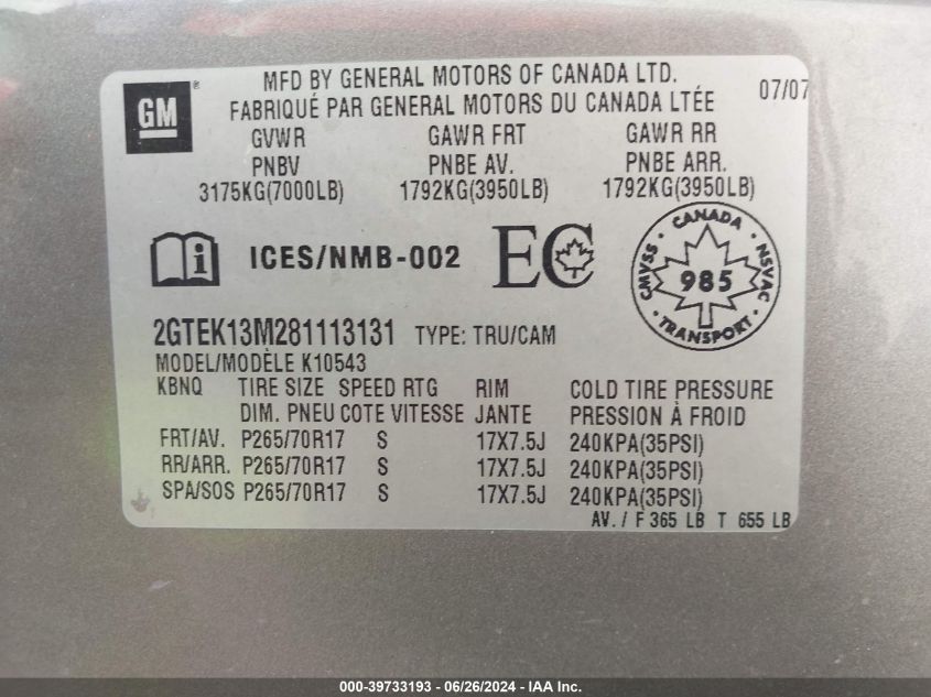 2008 GMC Sierra 1500 Sle1/Sle2/Slt/Work Truck VIN: 2GTEK13M281113131 Lot: 39733193