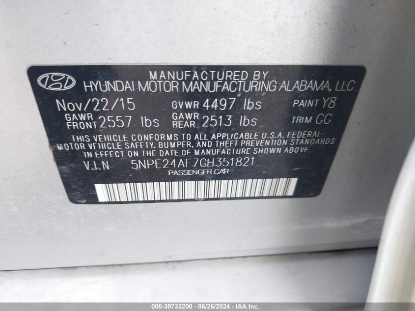 2016 Hyundai Sonata Se VIN: 5NPE24AF7GH351821 Lot: 39733200