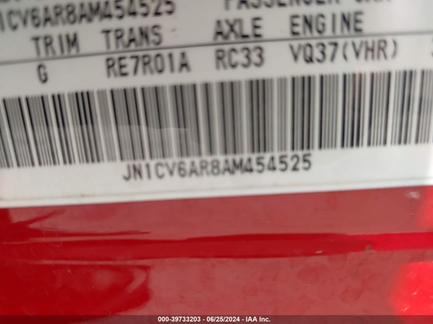 2010 Infiniti G37X VIN: JN1CV6AR8AM454525 Lot: 39733203