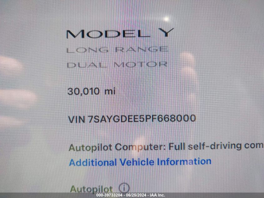 2023 Tesla Model Y Awd/Long Range Dual Motor All-Wheel Drive VIN: 7SAYGDEE5PF668000 Lot: 39733204