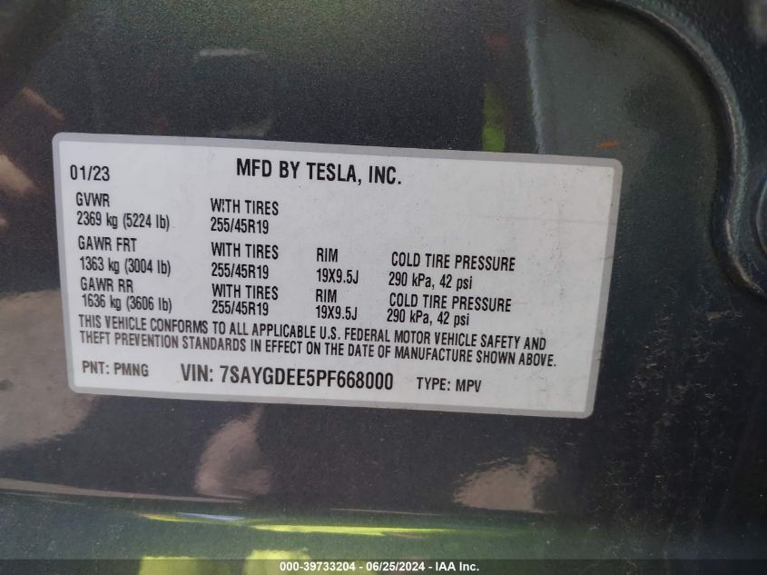 2023 Tesla Model Y Awd/Long Range Dual Motor All-Wheel Drive VIN: 7SAYGDEE5PF668000 Lot: 39733204