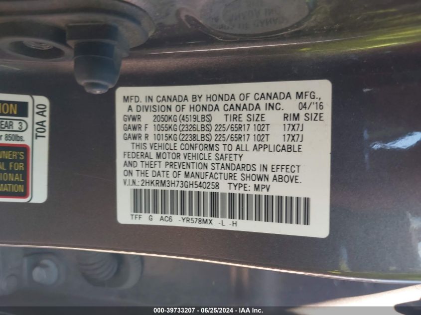 2HKRM3H73GH540258 2016 Honda Cr-V Ex-L