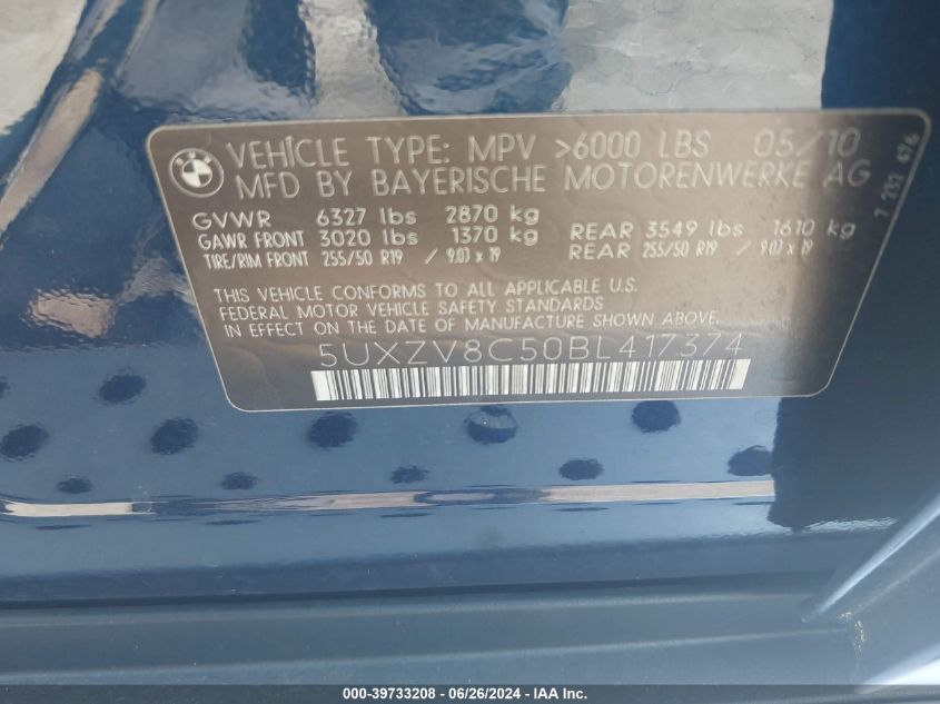 2011 BMW X5 xDrive50I VIN: 5UXZV8C50BL417374 Lot: 39733208