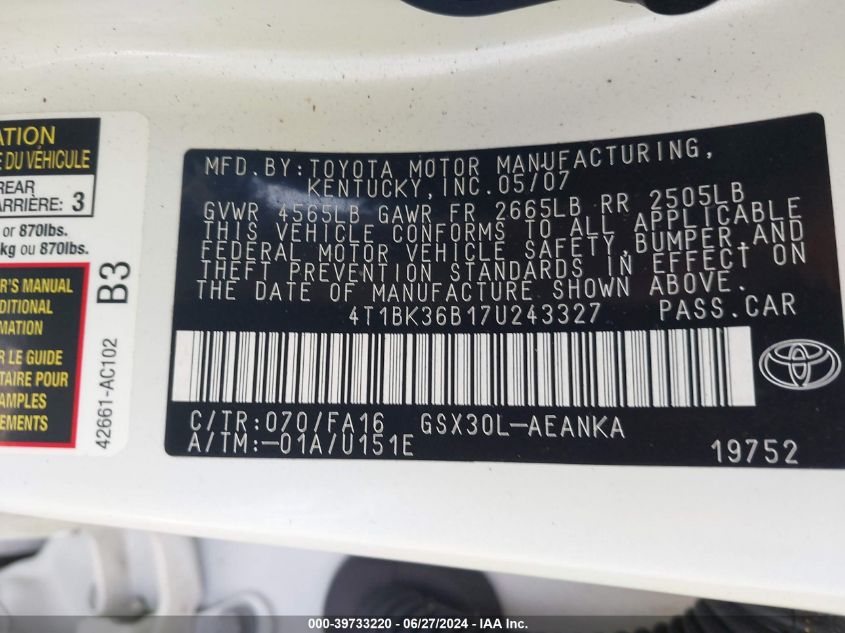 2007 Toyota Avalon Xl/Xls/Touring/Limited VIN: 4T1BK36B17U243327 Lot: 39733220