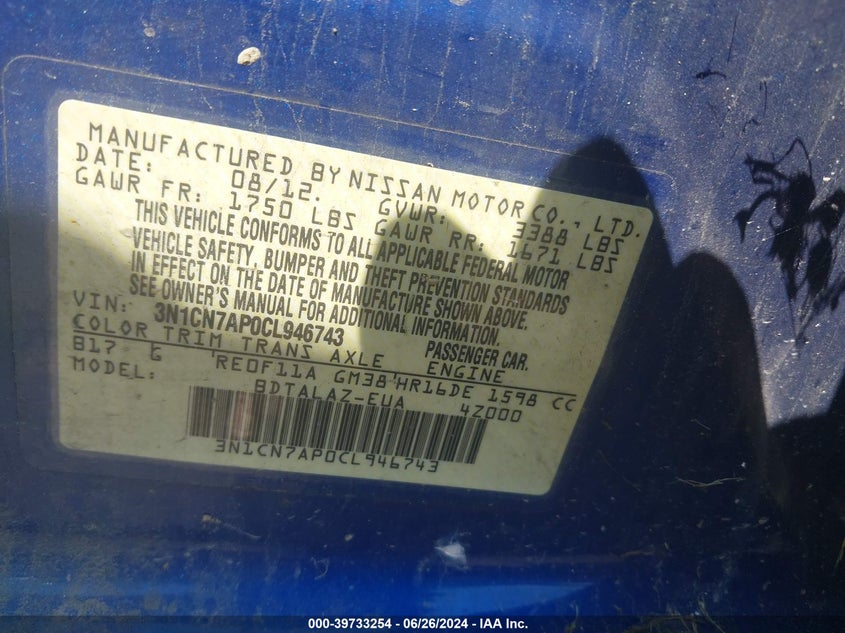 2012 Nissan Versa 1.6 S VIN: 3N1CN7AP0CL946743 Lot: 39733254