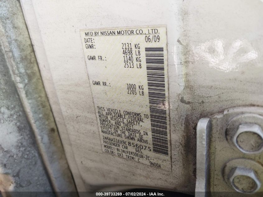2009 Nissan Maxima 3.5 Sv VIN: 1N4AA51EX9C856075 Lot: 39733269