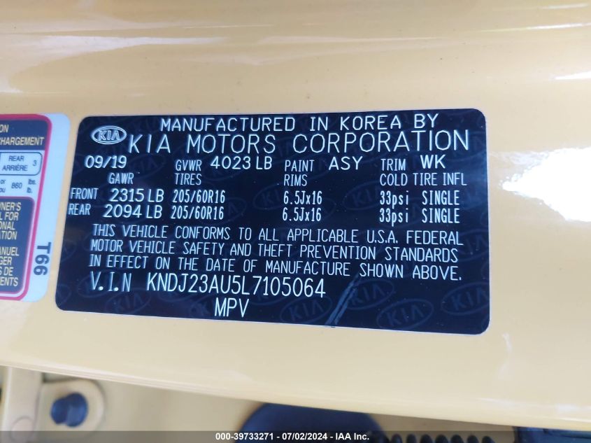 2020 Kia Soul Lx/X Line/S VIN: KNDJ23AU5L7105064 Lot: 39733271