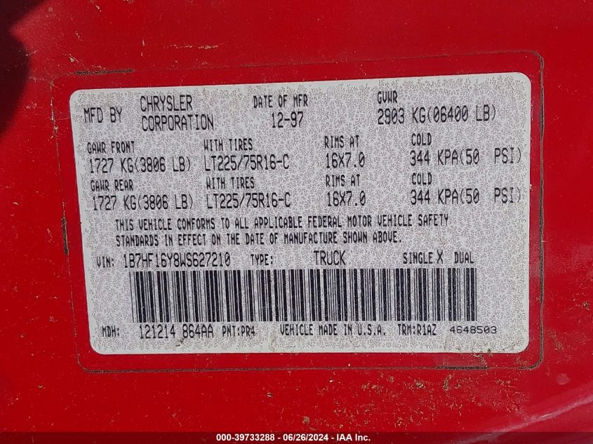 1998 Dodge Ram 1500 St VIN: 1B7HF16Y8WS627210 Lot: 39733288