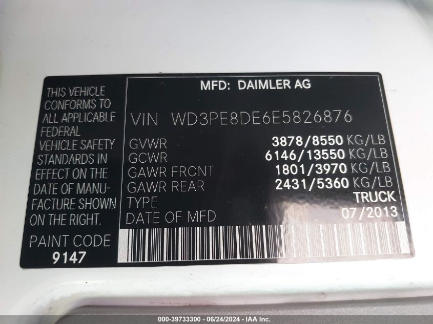 2014 Mercedes-Benz Sprinter 2500 High Roof VIN: WD3PE8DE6E5826876 Lot: 39733300