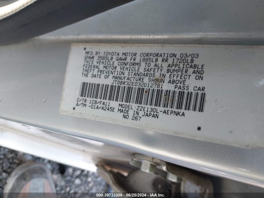 2003 Toyota Corolla Le VIN: JTDBR32E032012781 Lot: 39733308