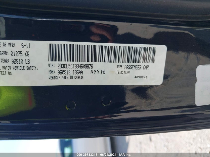 2011 Dodge Charger R/T VIN: 2B3CL5CT8BH609876 Lot: 39733318