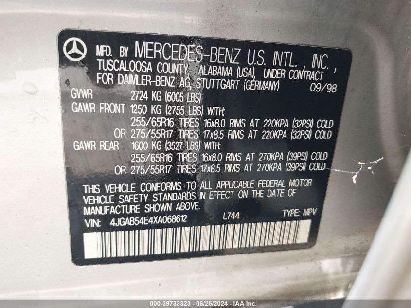 1999 Mercedes-Benz Ml 320 VIN: 4JGAB54E4XA068612 Lot: 39733323