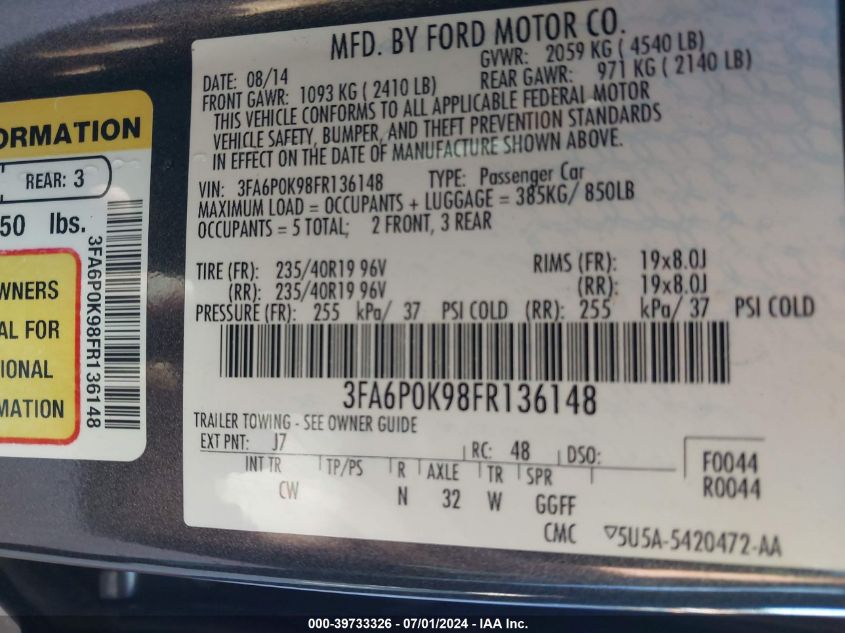 2015 FORD FUSION TITANIUM - 3FA6P0K98FR136148