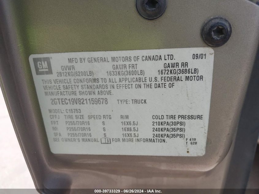2002 GMC New Sierra C1500 VIN: 2GTEC19V821159678 Lot: 39733329