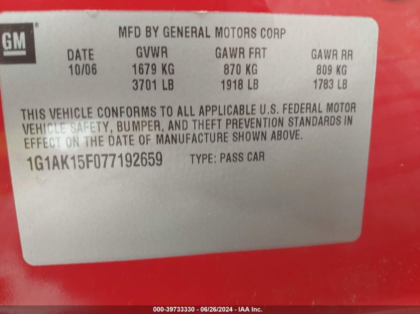 2007 Chevrolet Cobalt Ls VIN: 1G1AK15F077192659 Lot: 39733330