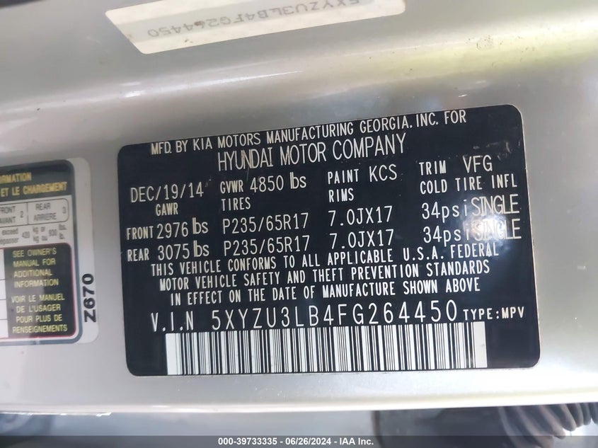 2015 Hyundai Santa Fe Sport VIN: 5XYZU3LB4FG264450 Lot: 39733335