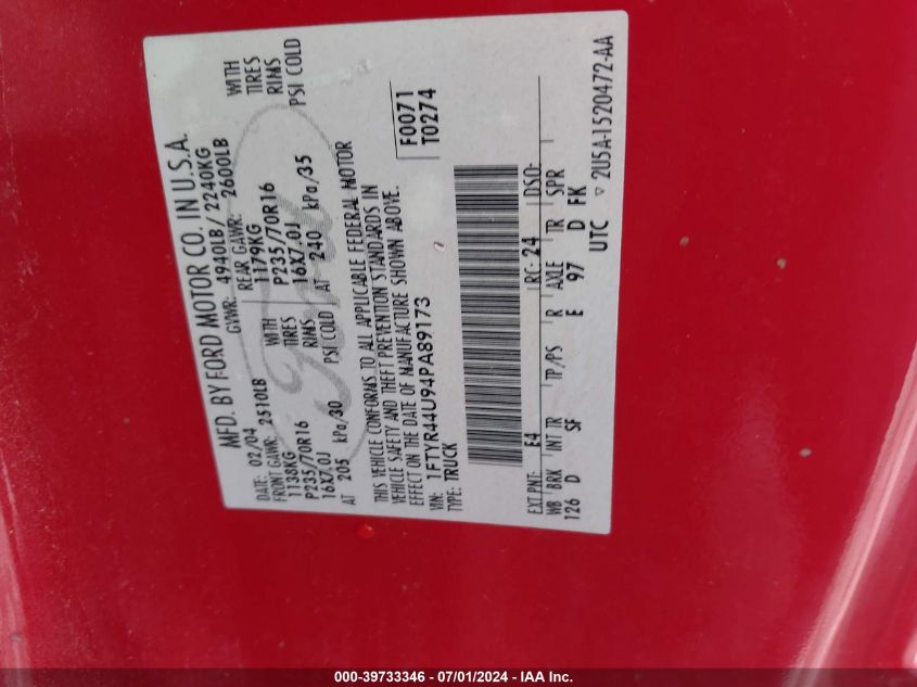 2004 Ford Ranger Edge/Tremor/Xlt VIN: 1FTYR44U94PA89173 Lot: 39733346